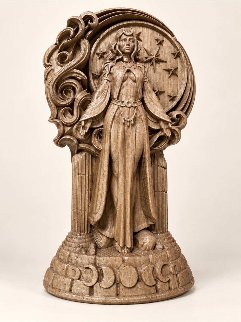 Selene Wooden Goddess Art Sculpture in Natural Brown